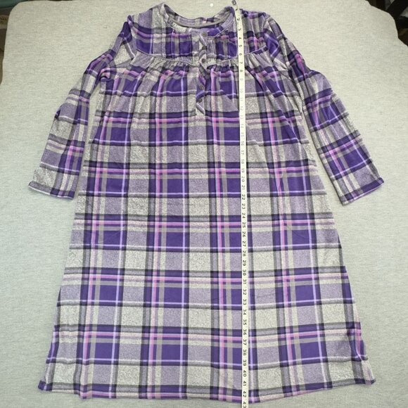 Aria Collection Purple Gray Plaid Long-Sleeve Nightgown Size L Soft PJs Pockets - Picture 11 of 16